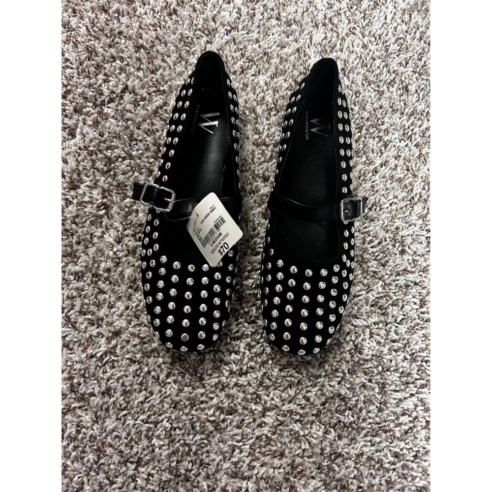 Worthington Black Studded Mary Jane Flats Silver Buckle Strap Shoes Size 9